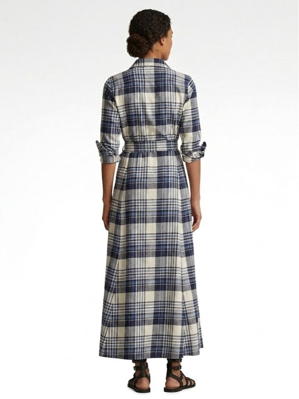 NWT Polo Ralph Lauren Plaid Twill Shirt Maxi in Blue Ivory Cotton Shirtdress 14 - Picture 2 of 7